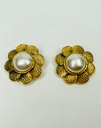 2008 CHANEL CC LOGO LARGE SUNFLOWER PEARL BUTTON CLIP ON EARRINGS