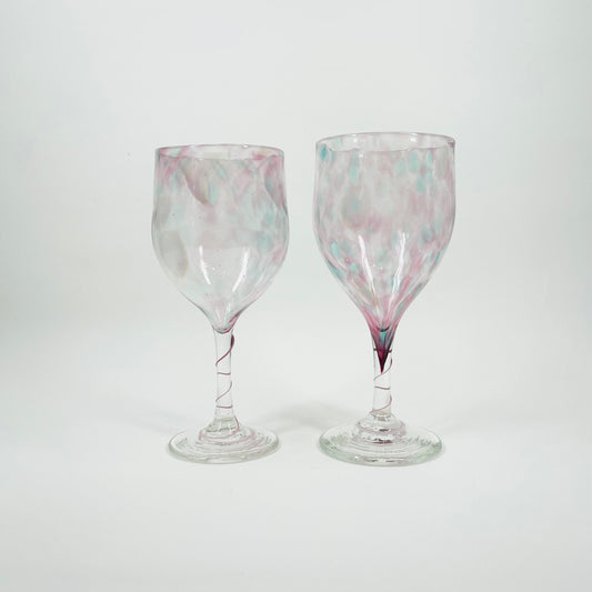 1980s MOUTH BLOWN MURANO PINK SPATTER WINE GLASSES