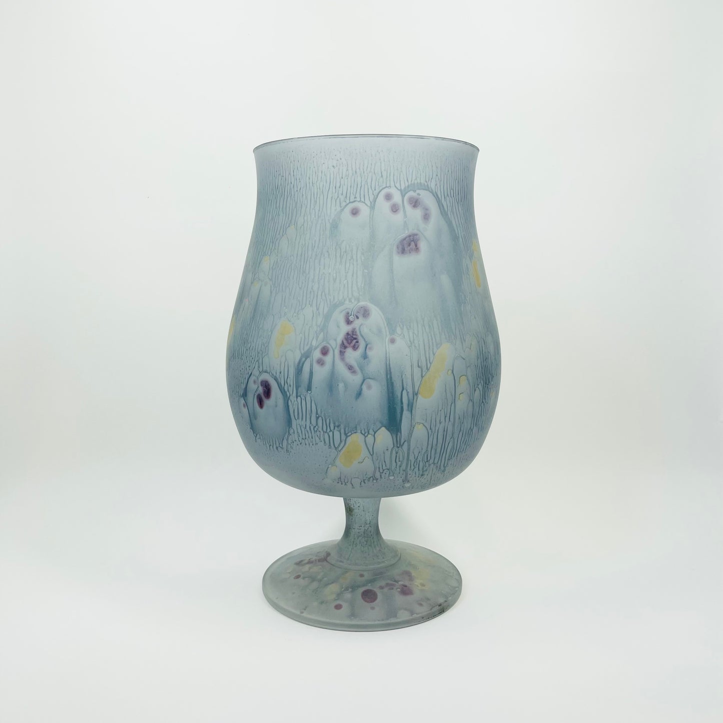 60s LARGE HAND DYED BLUE SIMRON SATIN GLASS FOOTED VASE