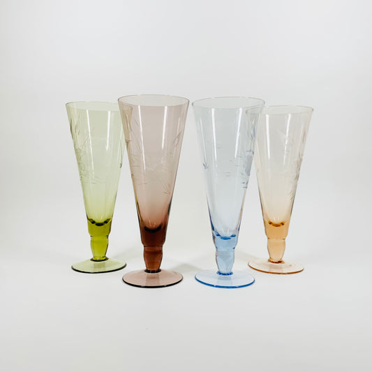 50s HARLEQUIN ETCHED CHAMPAGNE FLUTES