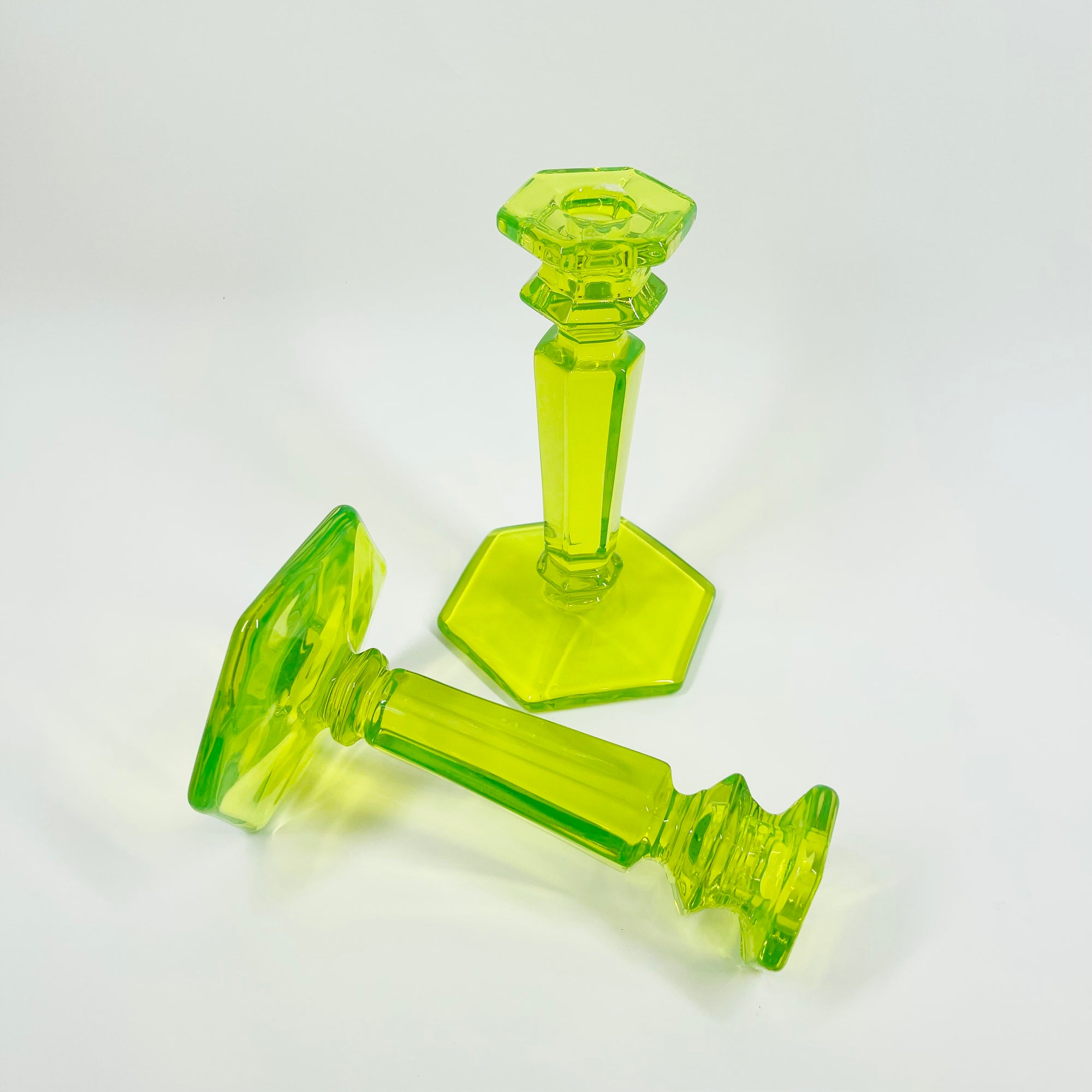 ART DECO URANIUM GLASS CANDLE STICKS