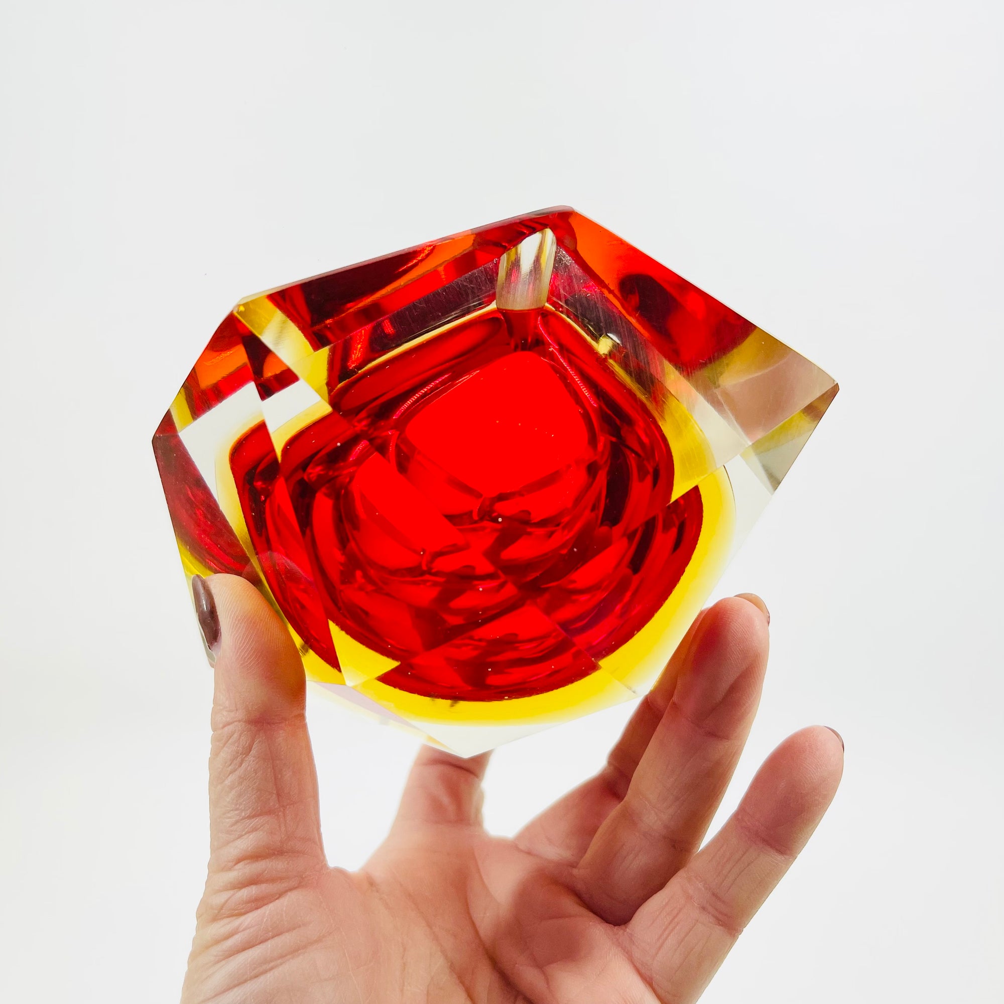 1950s FACETED MURANO RED YELLOW GEODE BOWL