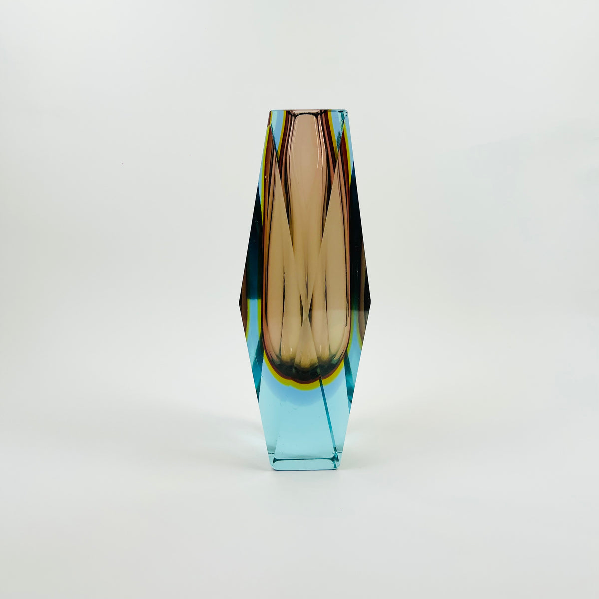 1960s BROWN YELLOW TURQUOISE MURANO SOMMERSO FACETED GLASS BLOCK VASE