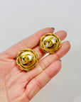 1995 CHANEL CC GOLD LOGO COSTUME PEARL BUTTON CLIP ON EARRINGS WITH TWIST ROPE BORDER