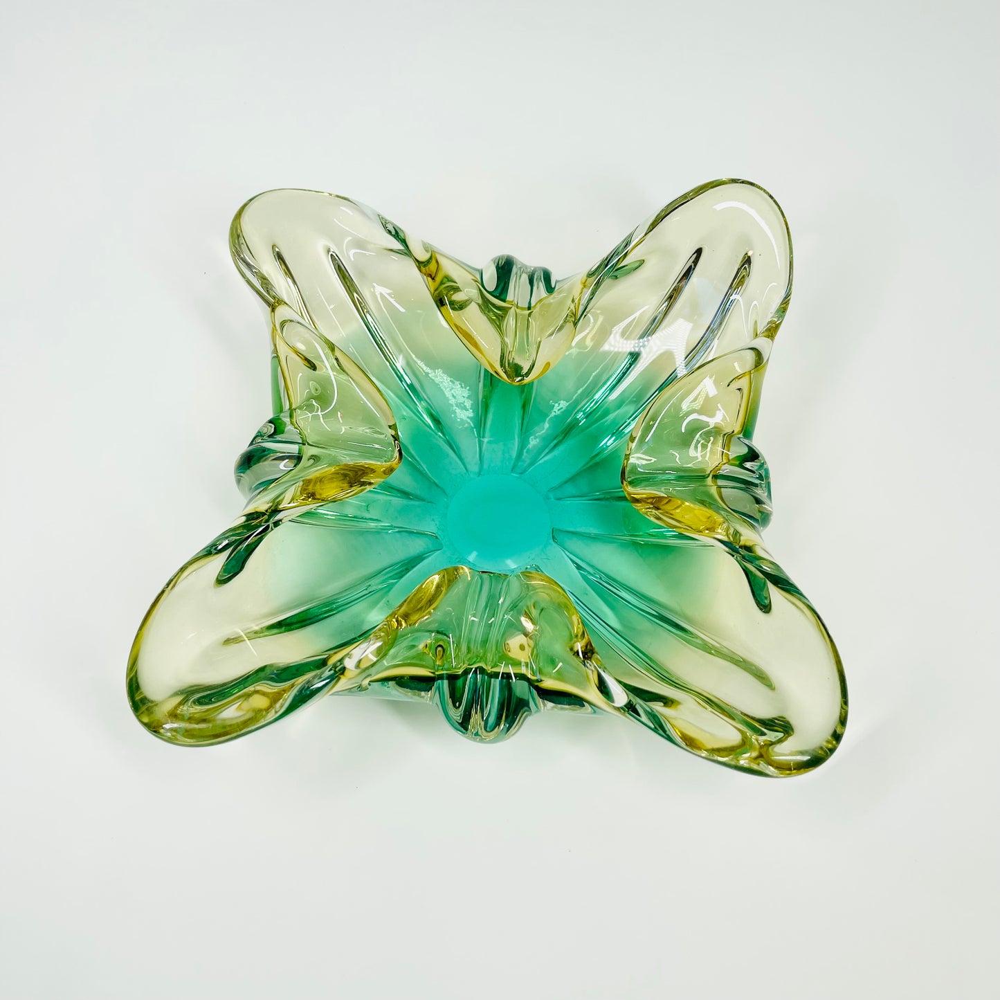 1970s JAPANESE HINERI GREEN YELLOW SOMMERSO GLASS ASHTRAY