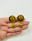 1997 CHANEL TIGER EYE CC LOGO DROP CLIP ON EARRINGS