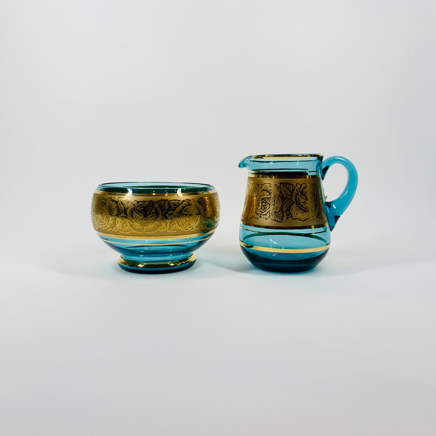 1950s BOHEMIAN TURQUOISE GLASS CREAMER SUGAR BOWL SET