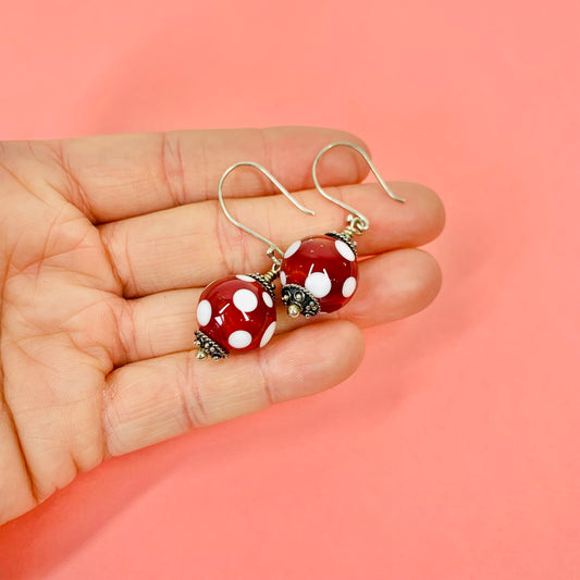 ANTIQUE RED MURANO GLASS BEADS SILVER DROP EARRINGS