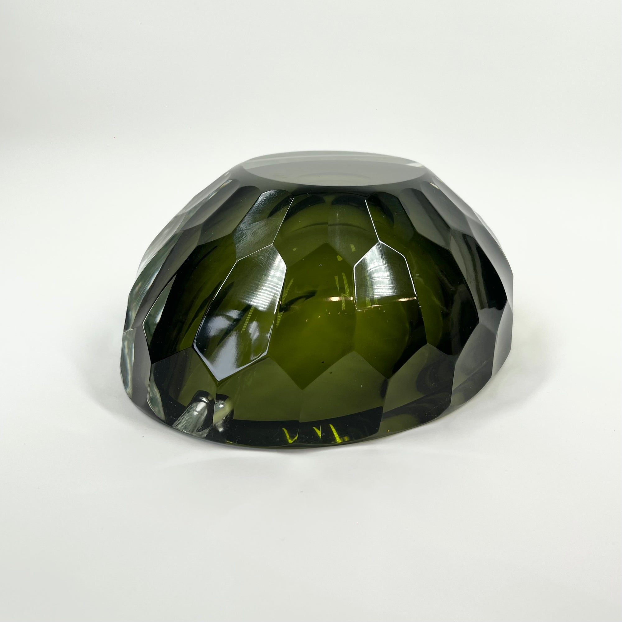 LARGE 1980s MURANO MANDRUZZATO OLIVE GREEN SOMEMRSO GLASS GEODE BOWL/ASHTRAY