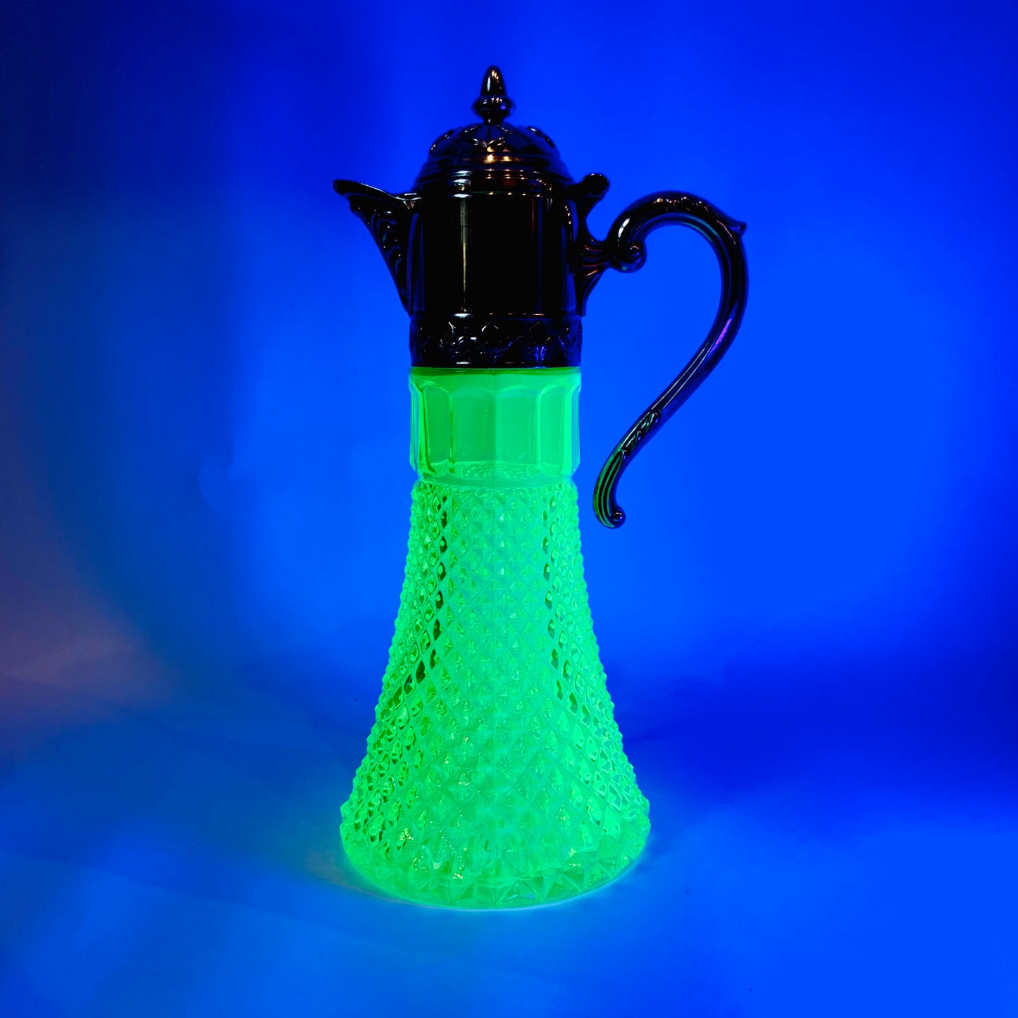 ANTIQUE URANIUM GLASS CLARET JUG WITH SILVER FITTINGS