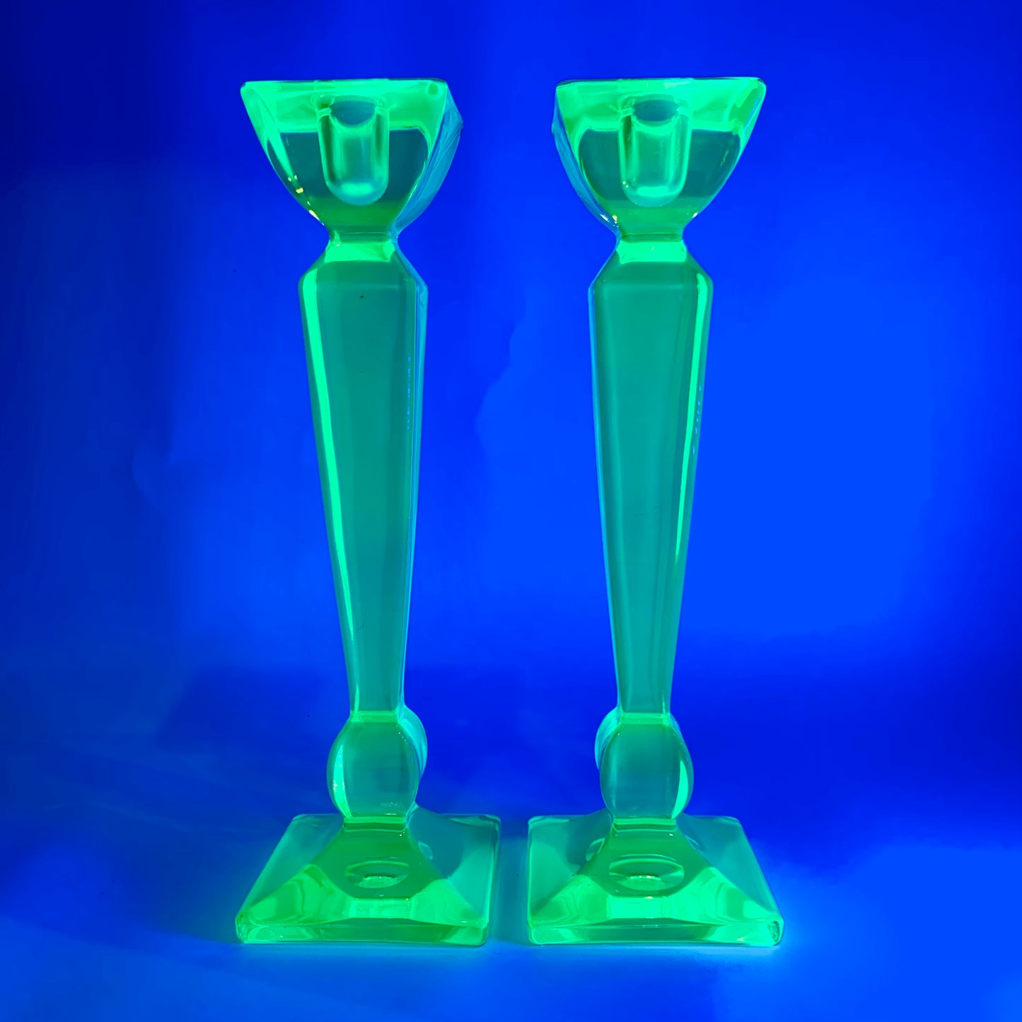 ART DECO URANIUM GLASS CANDLE STICKS