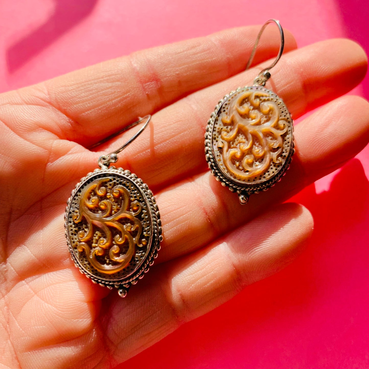 ANTIQUE SILVER CORAL CAMEO DROPLET EARRINGS