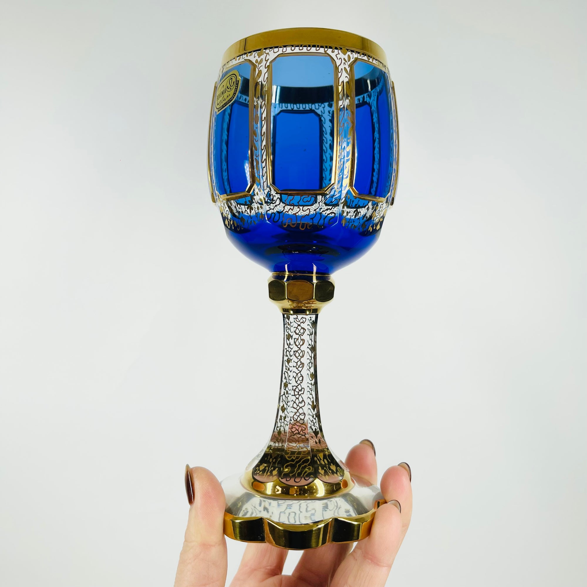 1930s MOSER GILT GOLD ENAMELED COBALT BLUE GLASS GOBLETS