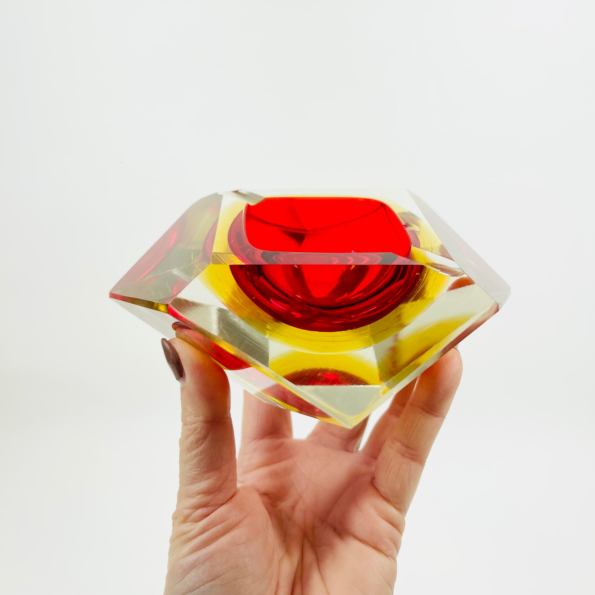 1950s FACETED MURANO RED YELLOW GEODE BOWL
