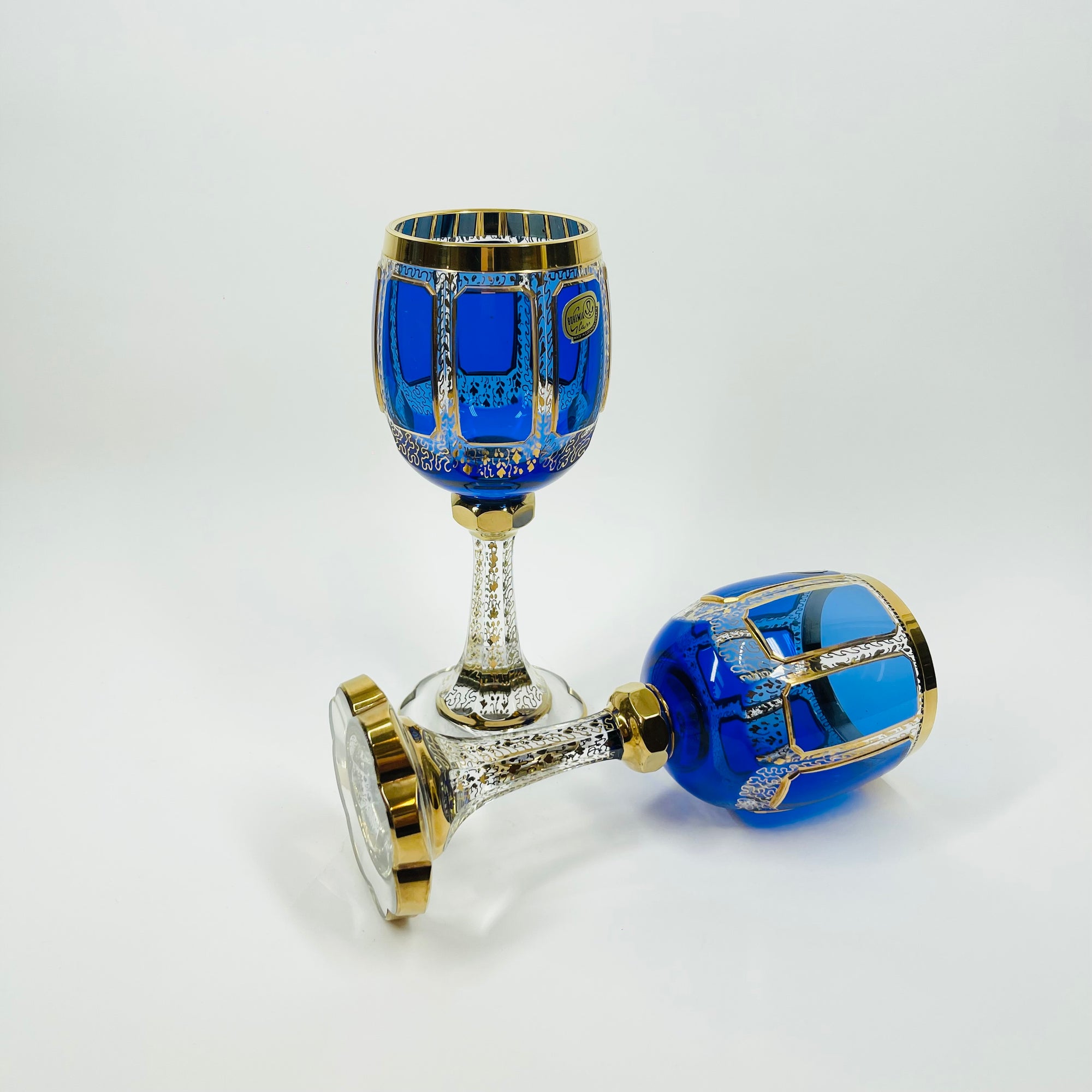 1930s MOSER GILT GOLD ENAMELED COBALT BLUE GLASS GOBLETS