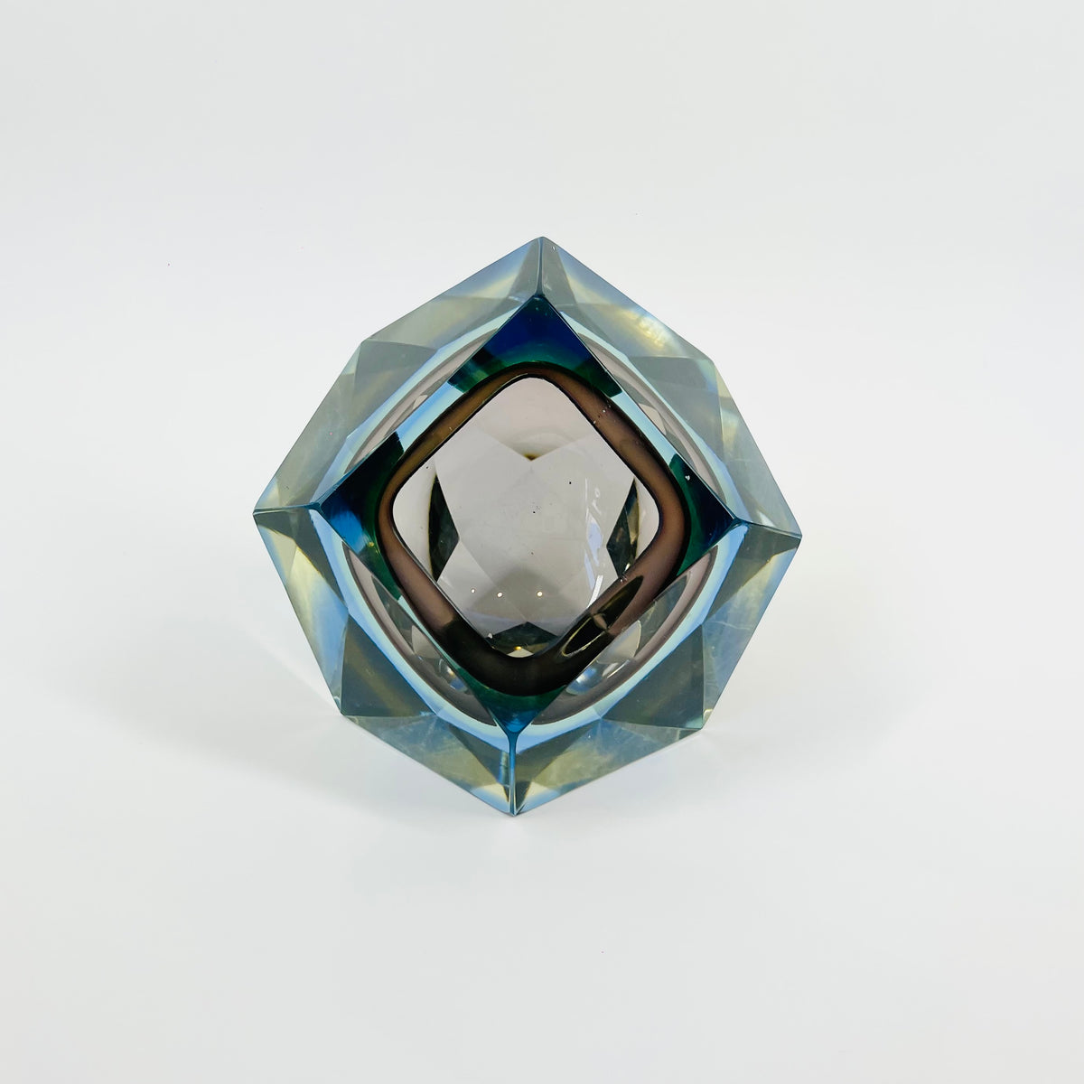 1960s BROWN GREEN YELLOW BLUE SOMMERSO DIAMOND FACETED GLASS BOWL