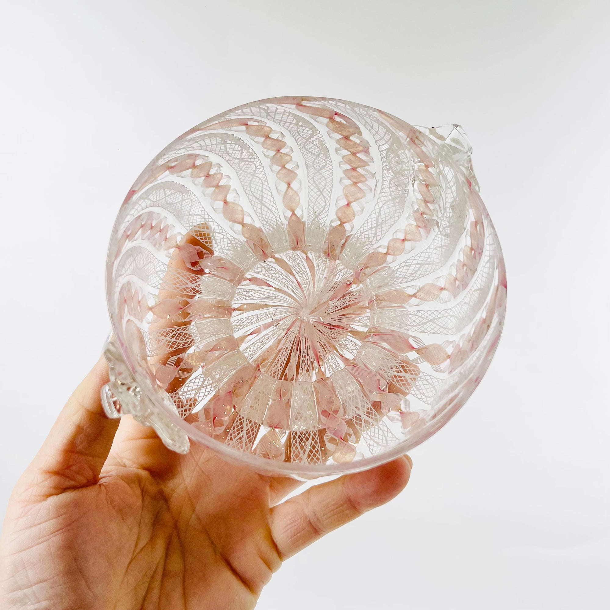 ANTIQUE PINK ZANFIRICO &amp; LATTICINO GLASS PINCHED BOWL &amp; MATCHING PLATE