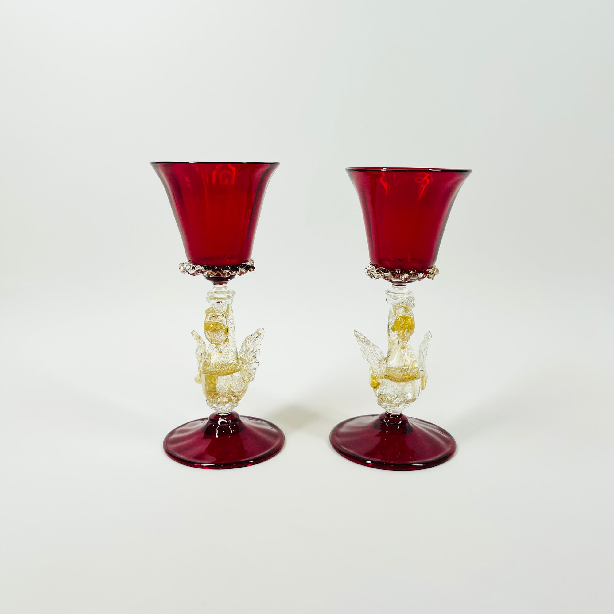1950s SALVIATI VENETIAN RED RUBY GOLD AVENTURINE SWAN STEM GLASSES