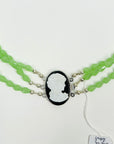 VINTAGE GREEN AUSTRIAN CRYSTAL BEADS NECKLACE WITH MOTHER OF PEARL CAMEO PENDANT