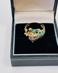 1950s 14K YELLOW GOLD DIAMOND EMERALD LEOPARD RING WITH RUBY EYES