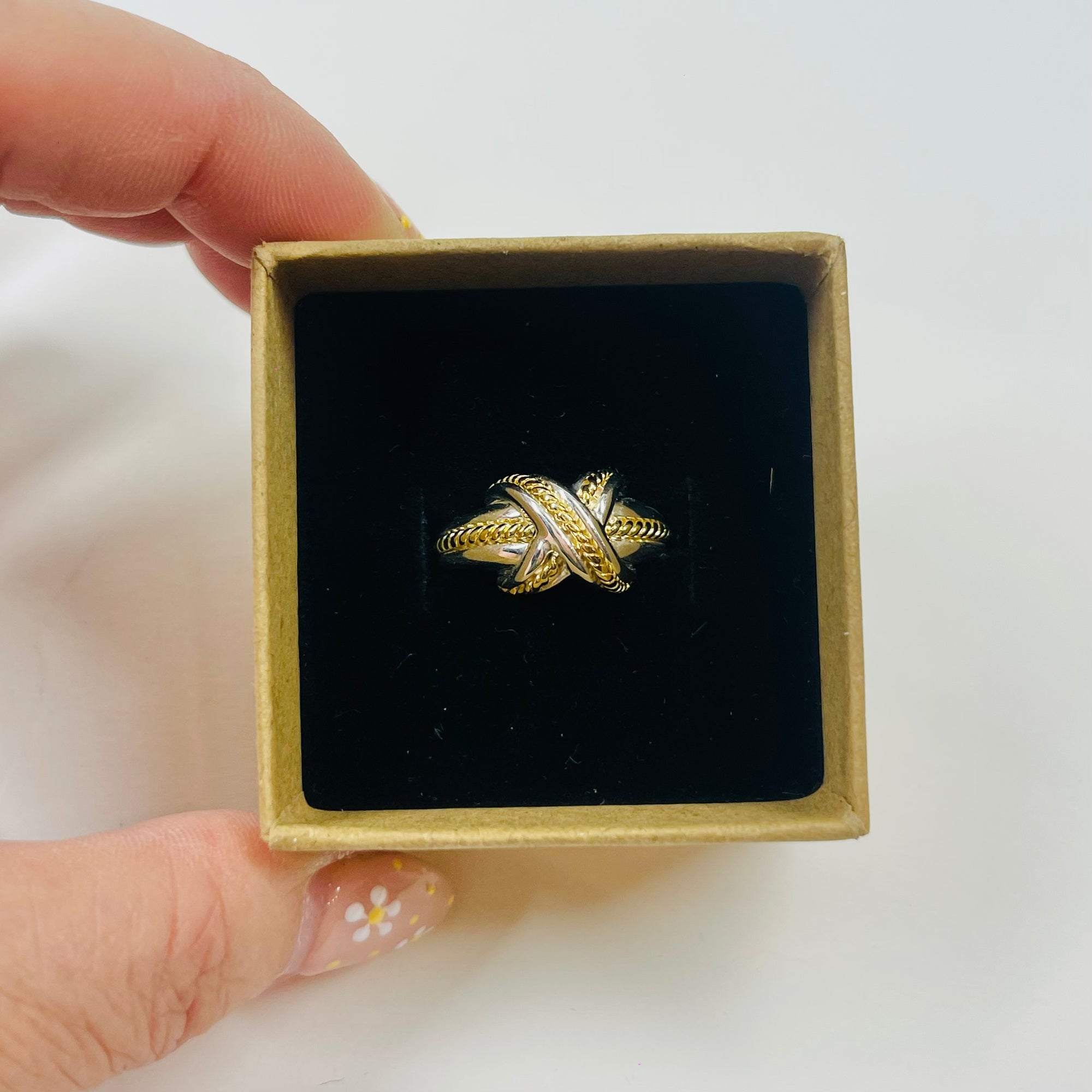 1980s VINTAGE TIFFANY &amp; CO SIGNATURE CROSS CABLE SILVER GOLD RING