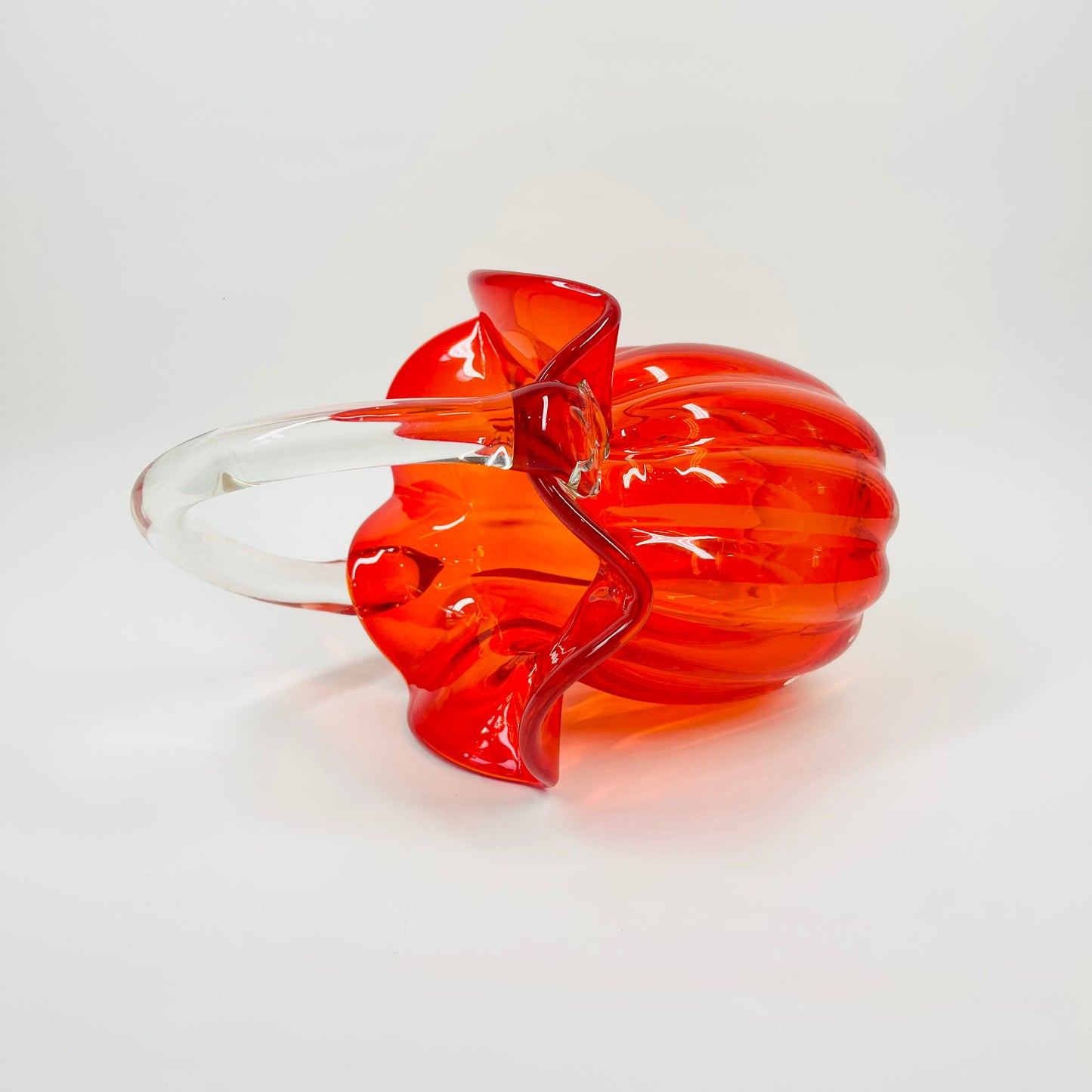 1950s JAPANESE RED/ORANGE OMBRE GLASS BASKET/VASE