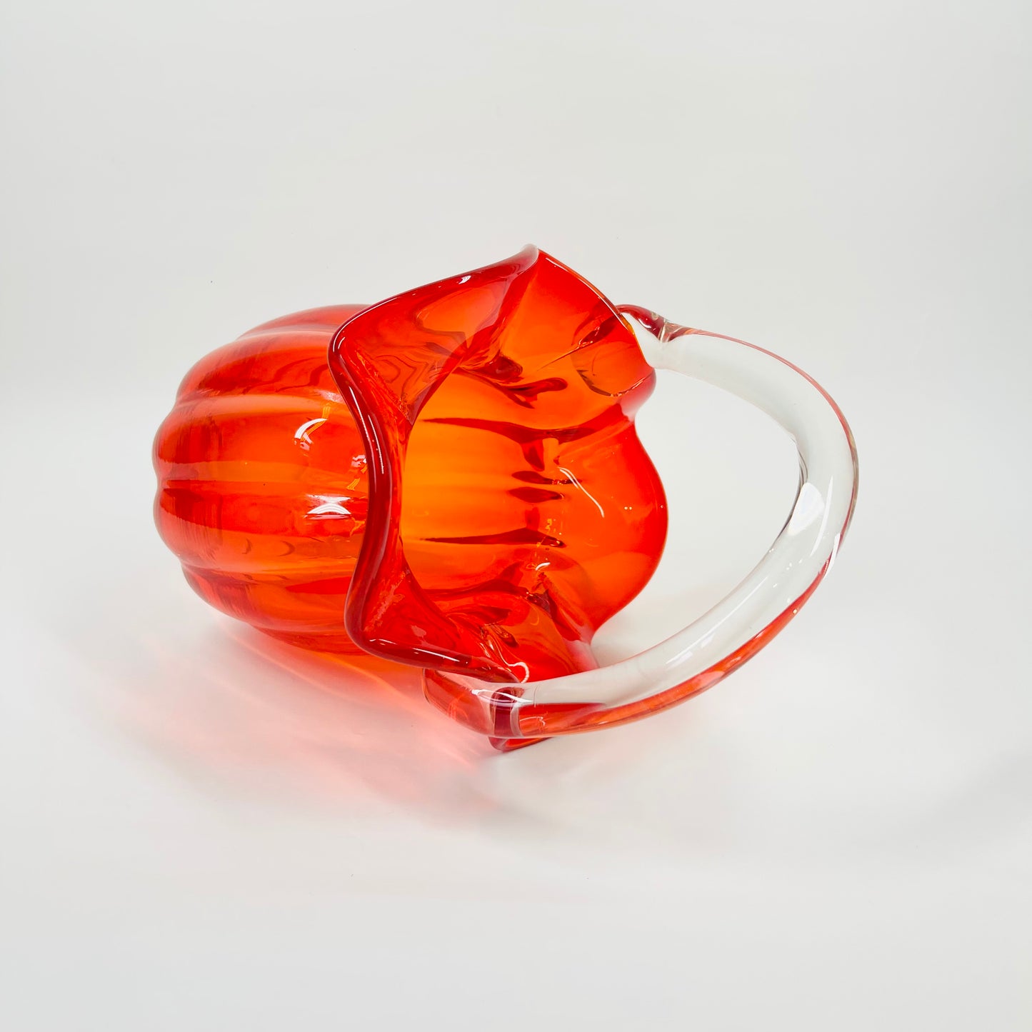 1950s JAPANESE RED/ORANGE OMBRE GLASS BASKET/VASE