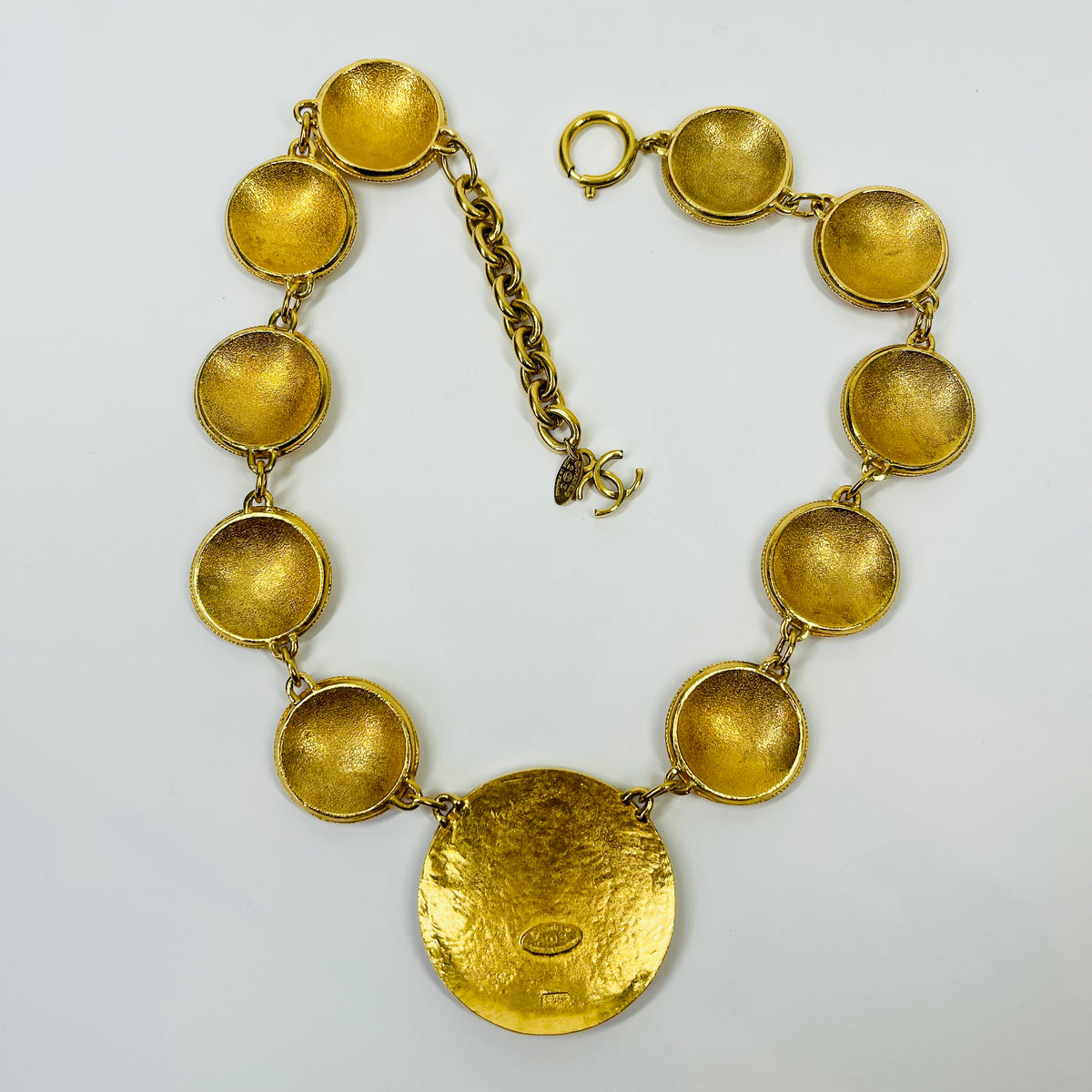 1980s CHANEL ESTRUCAN STYLE LOGO MEDALLION NECKLACE