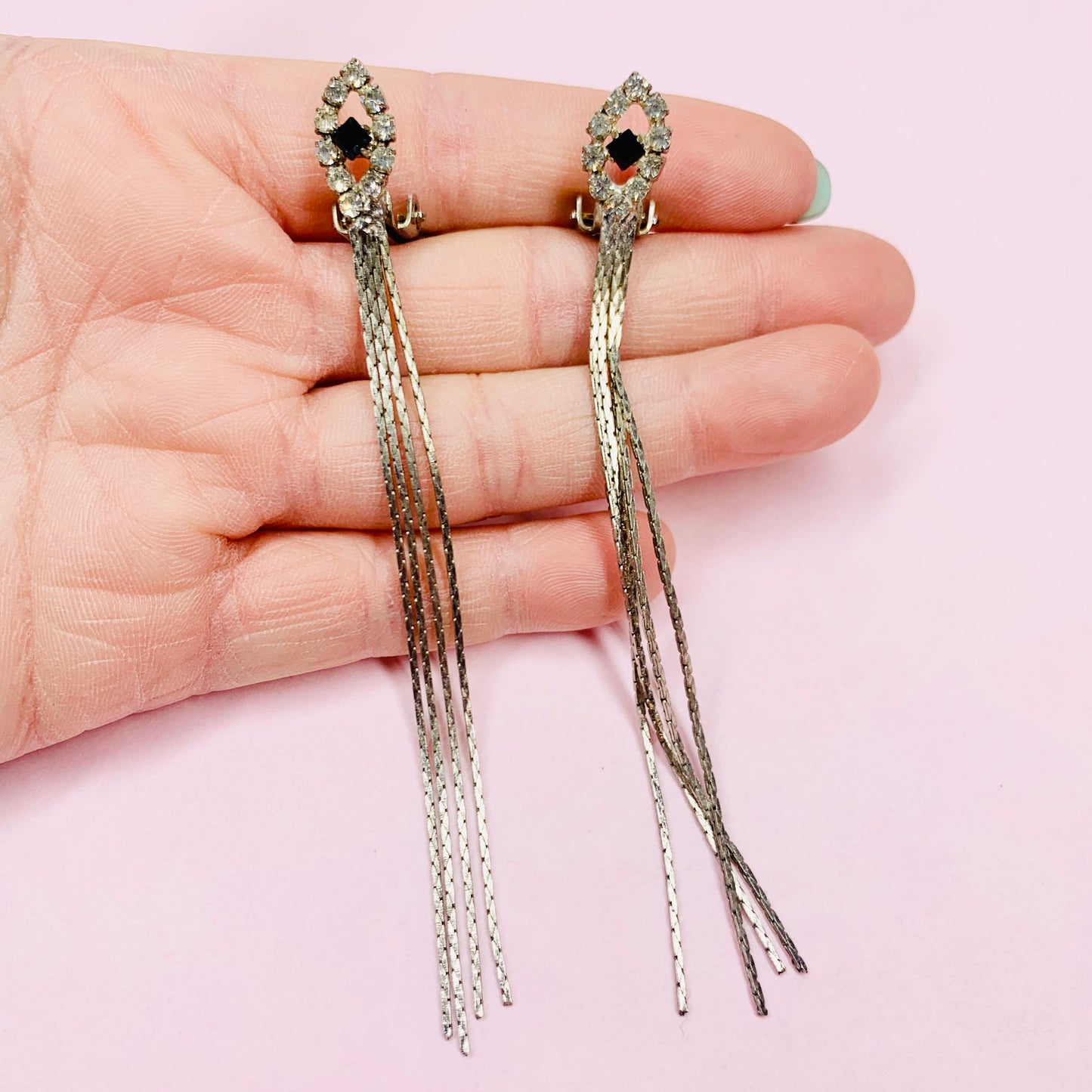 1950s DIAMONTE DROP MESH TASSEL EARRINGS