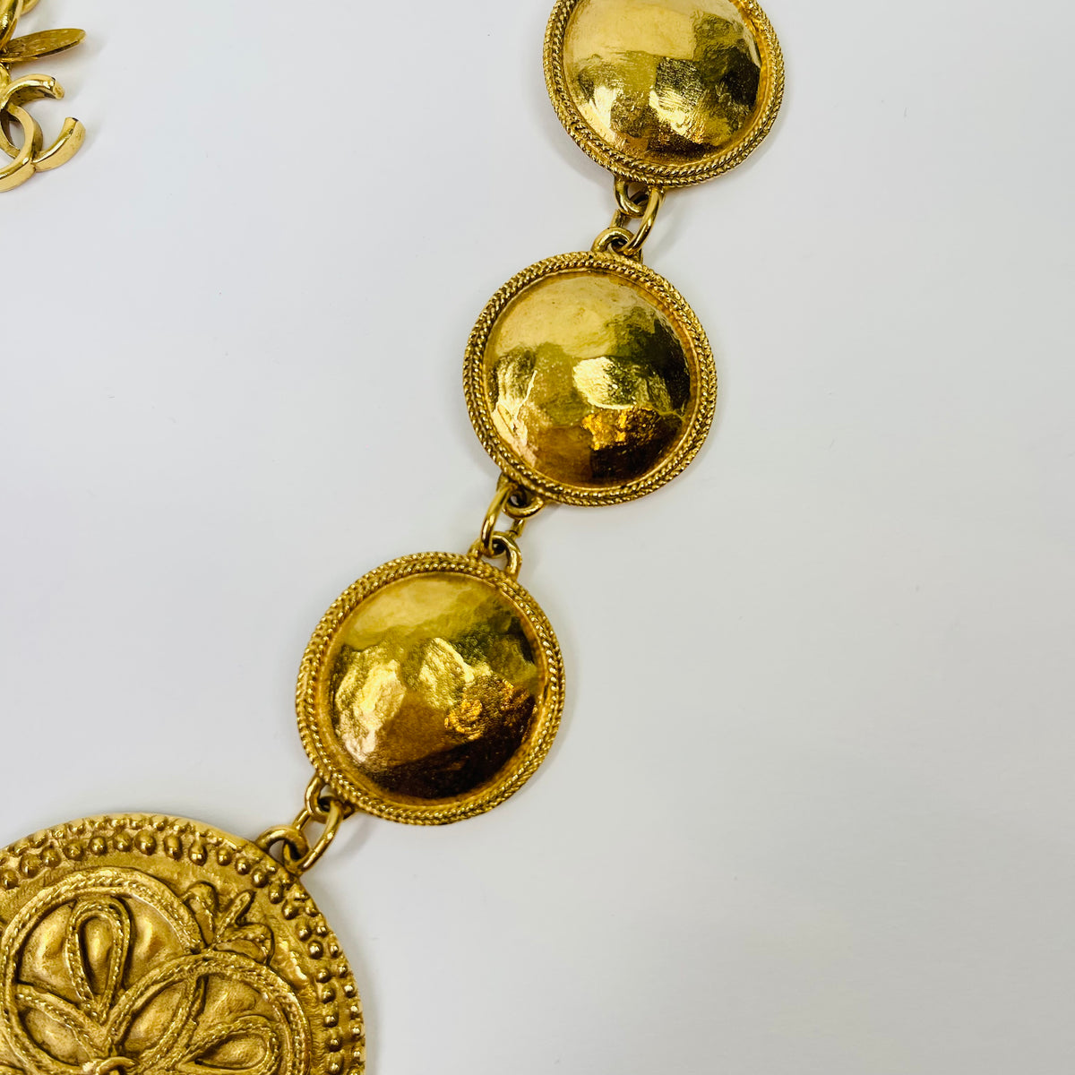 1980s CHANEL ESTRUCAN STYLE LOGO MEDALLION NECKLACE
