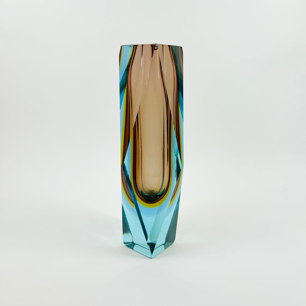 1960s BROWN YELLOW TURQUOISE MURANO SOMMERSO FACETED GLASS BLOCK VASE