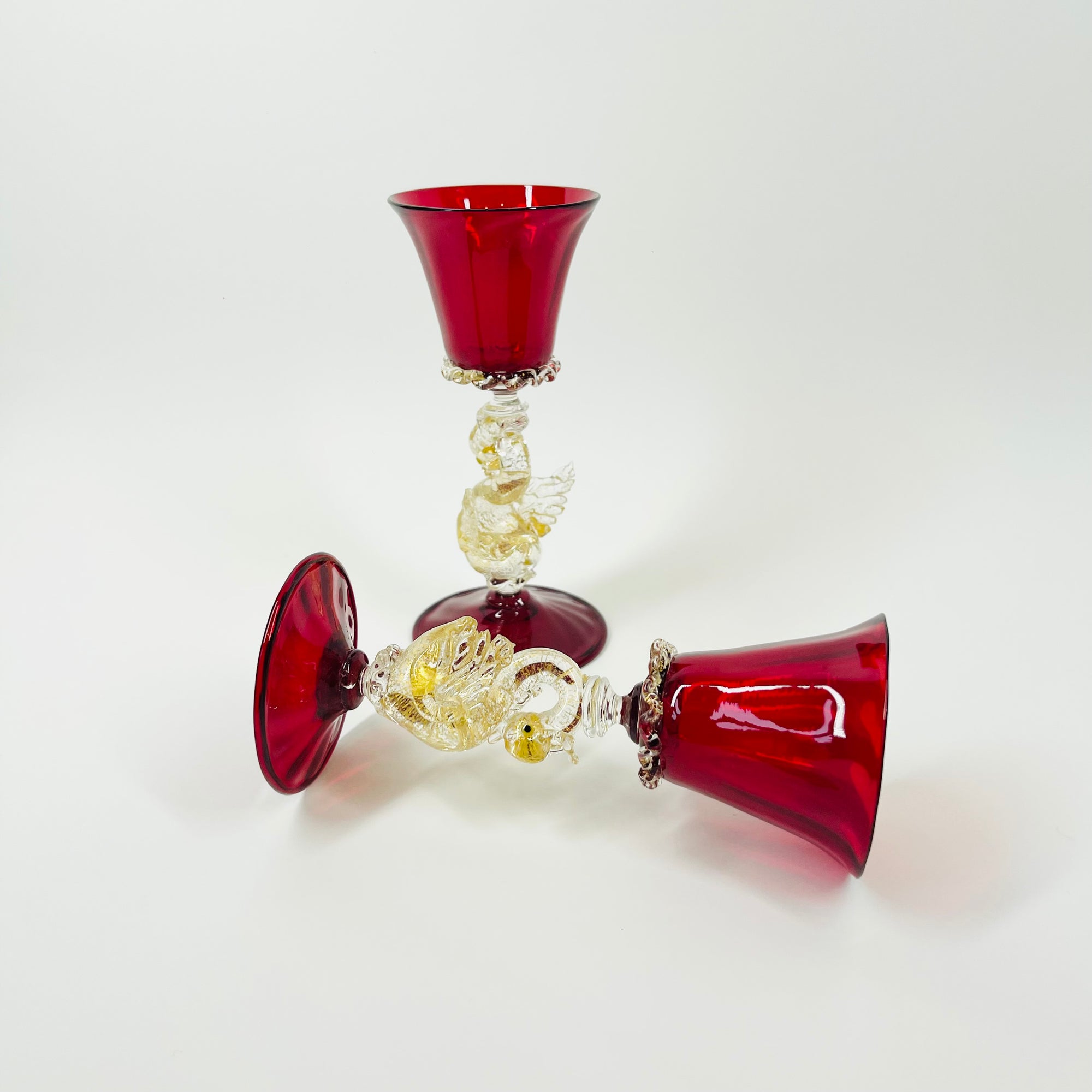 1950s SALVIATI VENETIAN RED RUBY GOLD AVENTURINE SWAN STEM GLASSES