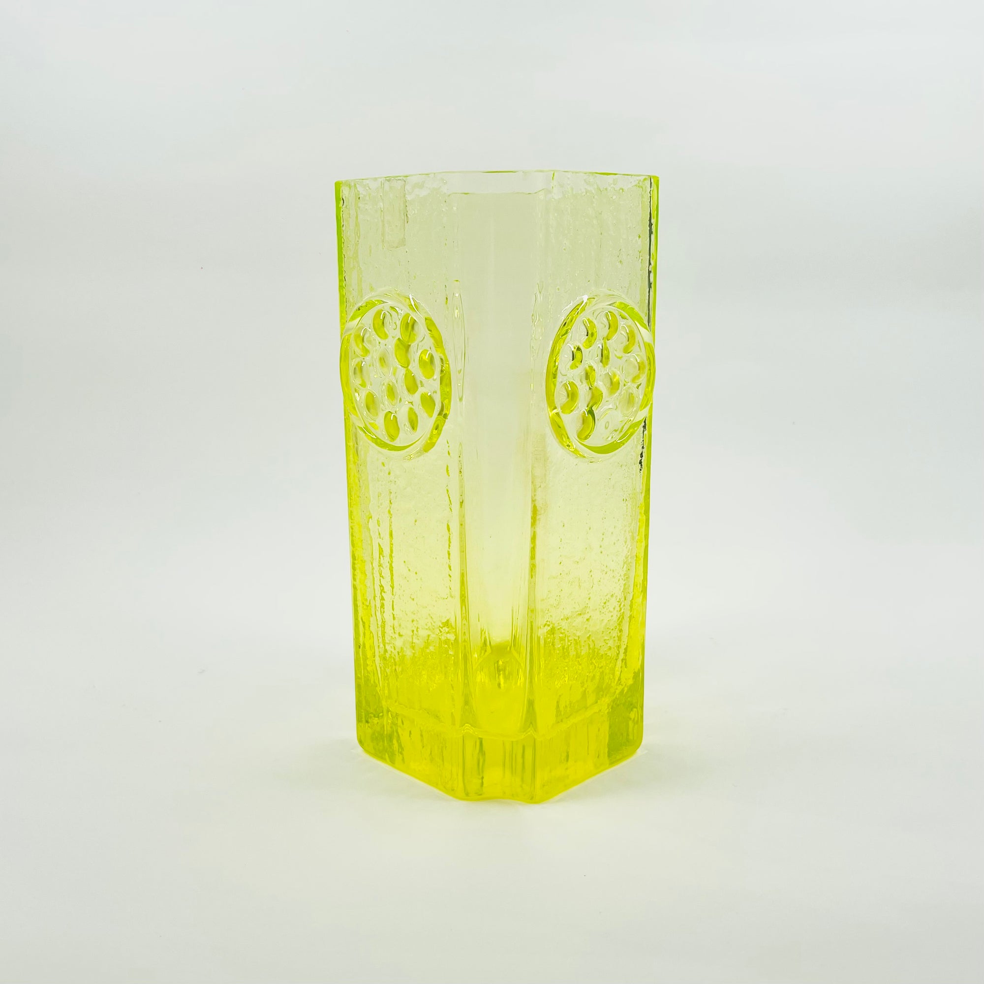 MIDCENTURY FINNISH URANIUM GLASS RONDELLA VASE BY TAMARA ALADIN FOR RIIHIMAEN LASI