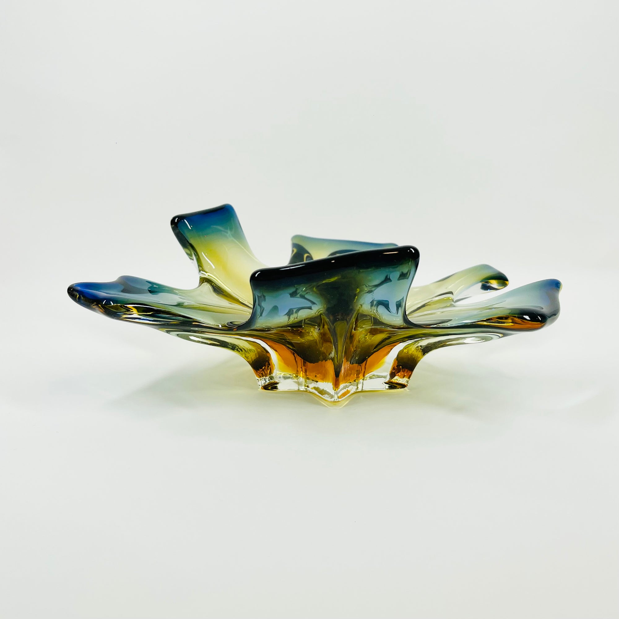1950s MURANO AMBER BLUE OMBRE GLASS PINCHED LEAF BOWL/ASHTRAY
