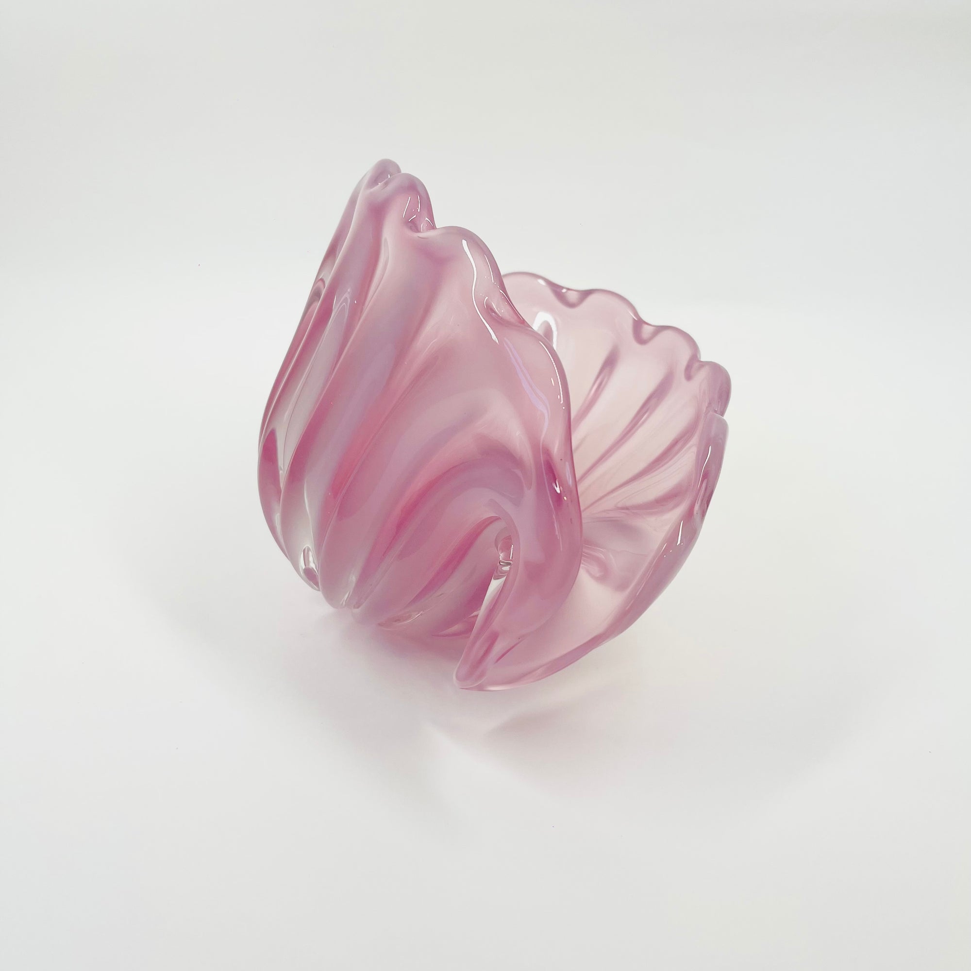 1950s PINK MURANO RIBBED OPALINE GLASS SHELL BOWL (MEDIUM)