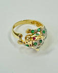 1950s 14K YELLOW GOLD DIAMOND EMERALD LEOPARD RING WITH RUBY EYES