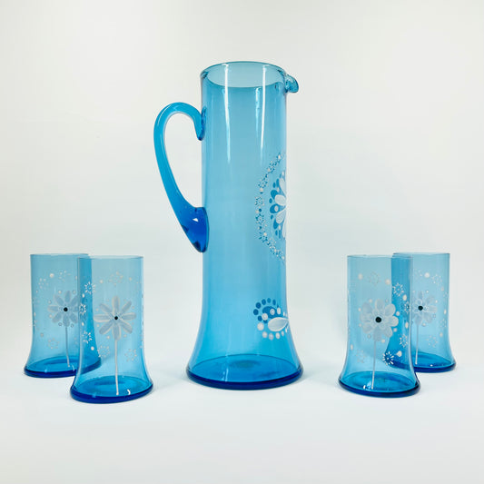 1950s BLUE HAND PAINTED GLASS JUG SET