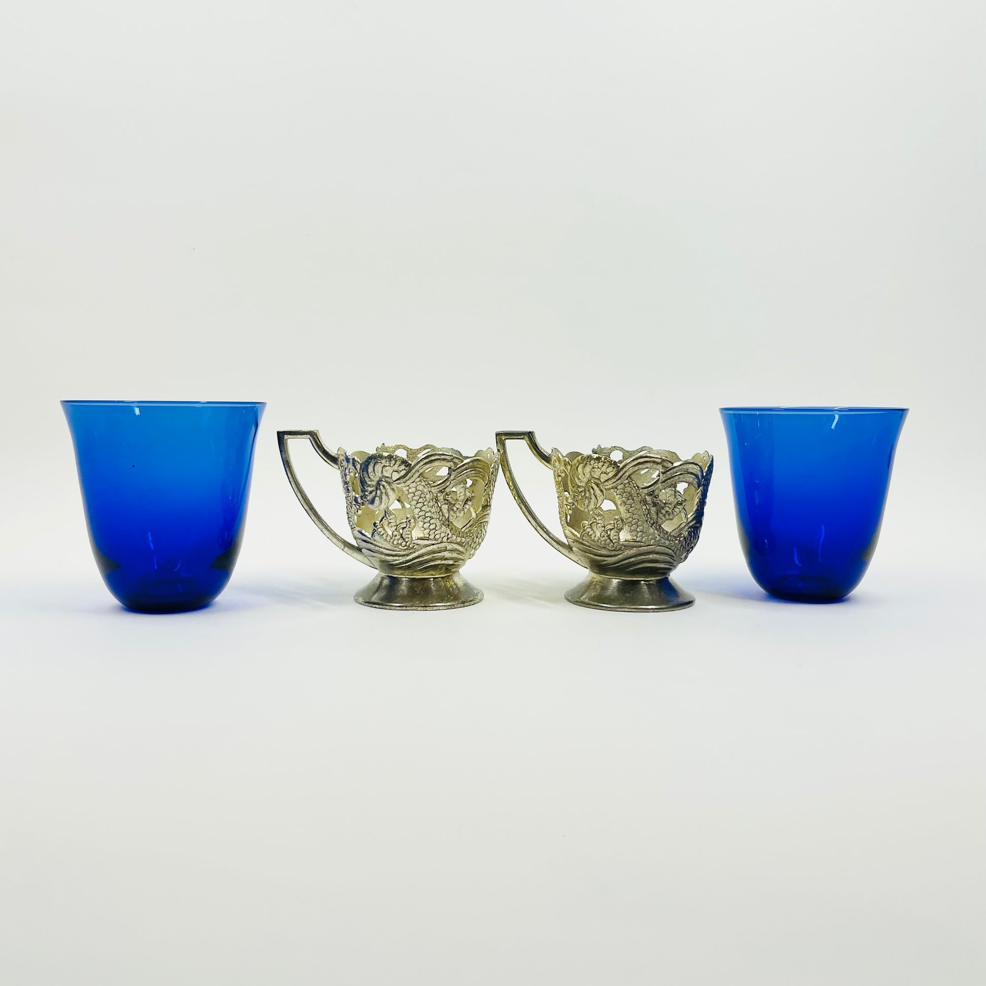 1950s JAPANESE COBALT BLUE GLASSES WITH SILVER PLATED SLEEVES