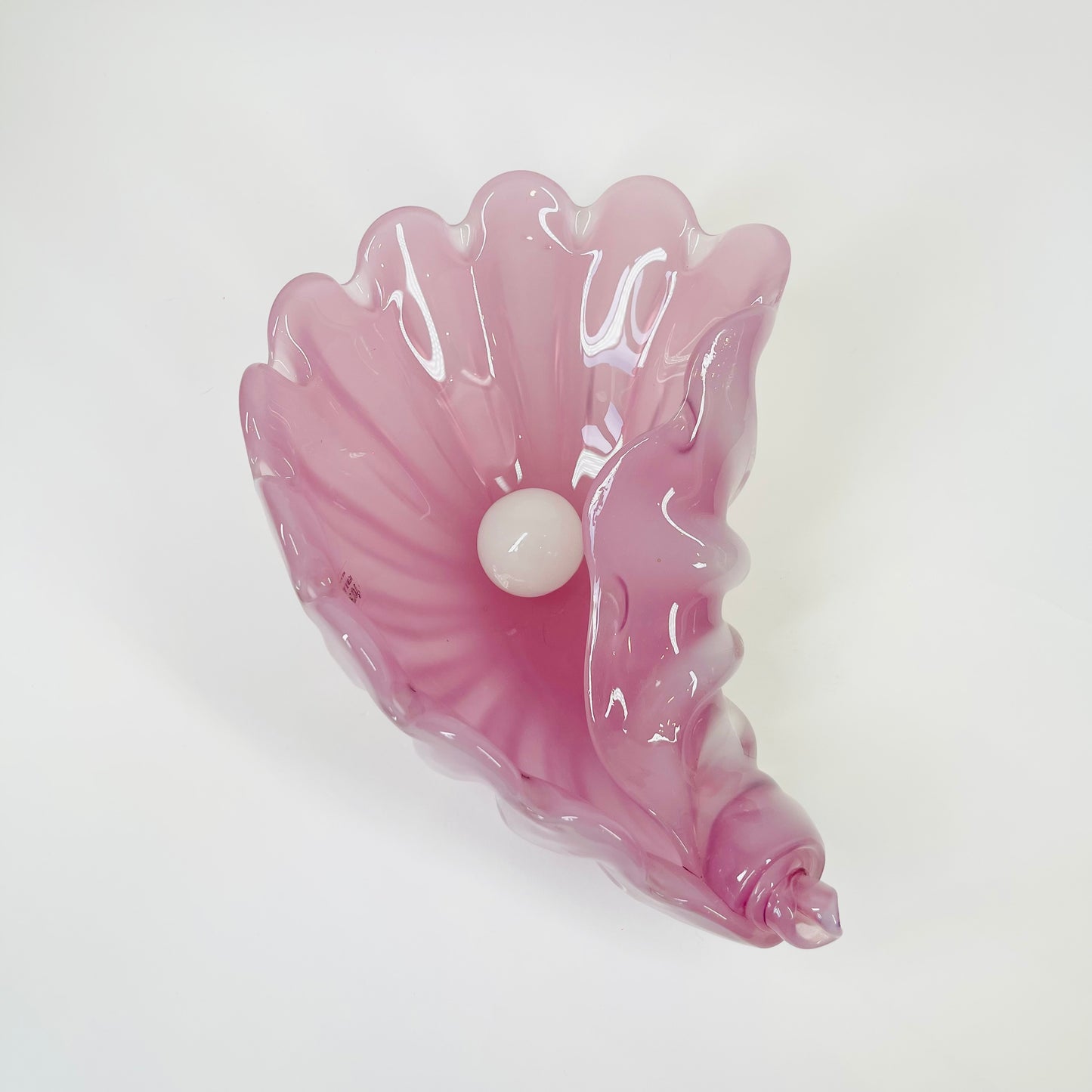 1950s PINK MURANO OPALINE GLASS SHELL BOWL WITH PEARL