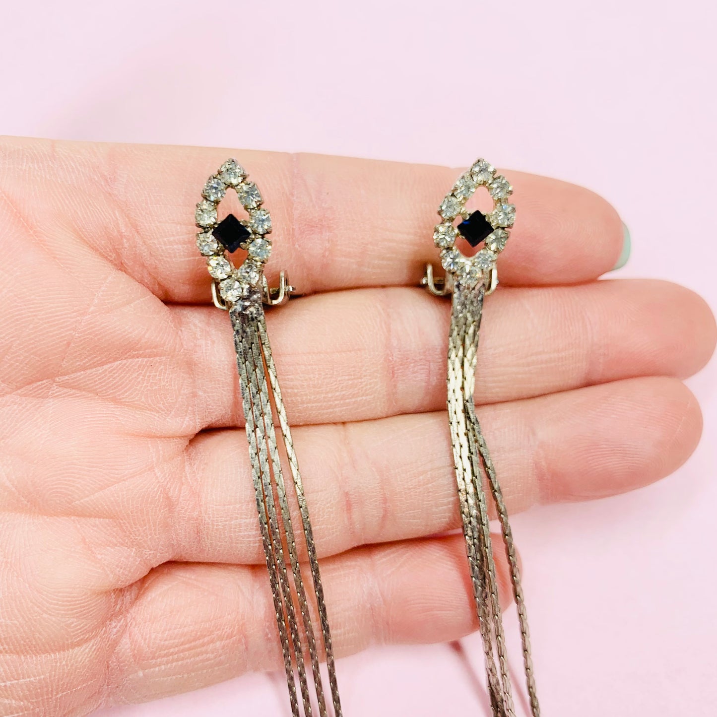 1950s DIAMONTE DROP MESH TASSEL EARRINGS