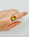 ANTIQUE SILVER RING WITH EMERALD CUT CITRINE
