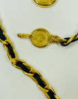 1980s CHANEL MATELASSE BLACK LEATHER GOLD PLATED MEDALLION LOGO BELT/NECKLACE