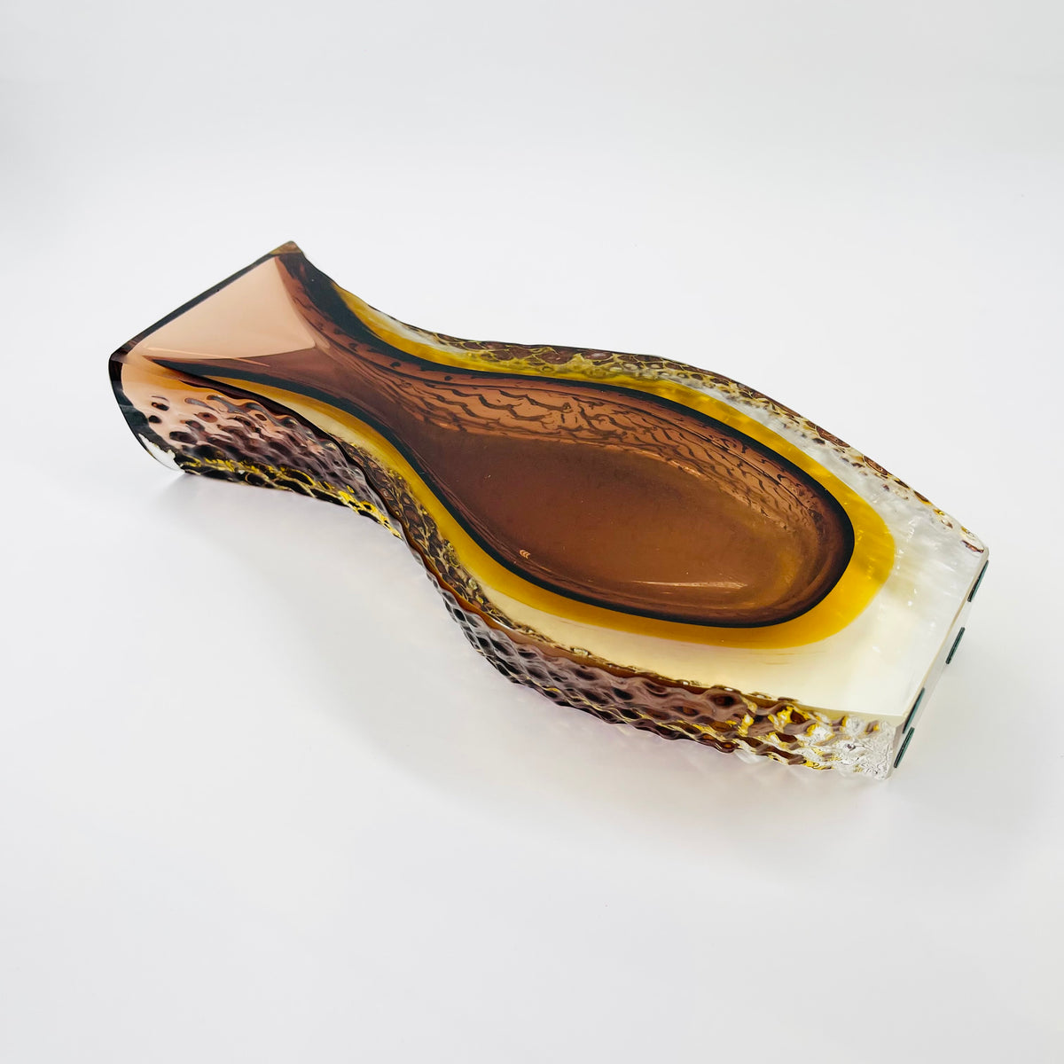 XL 1960s BROWN PURPLE AMBER TEXTURED MURANO SOMMERSO FACETED GLASS BLOCK VASE
