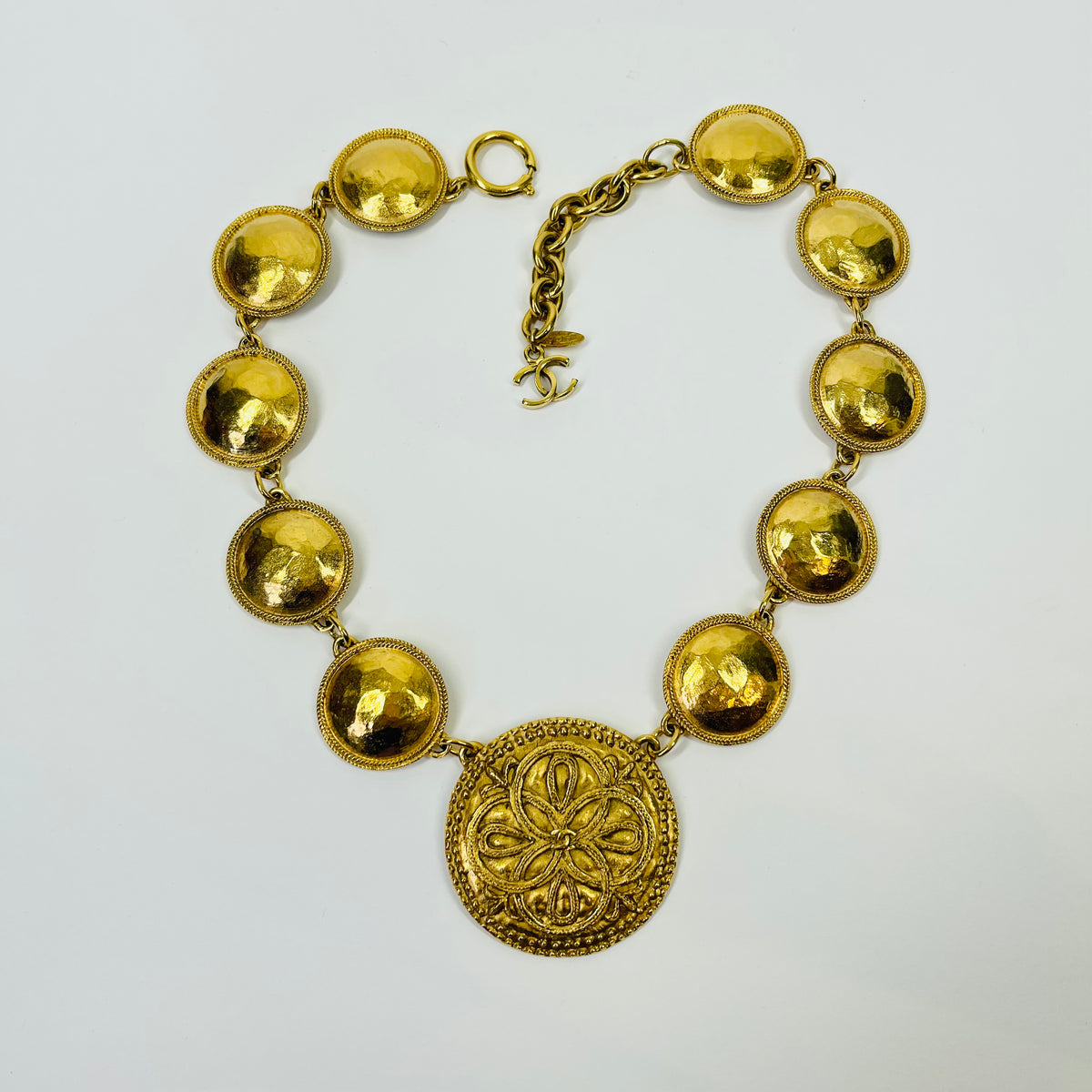 1980s CHANEL ESTRUCAN STYLE LOGO MEDALLION NECKLACE