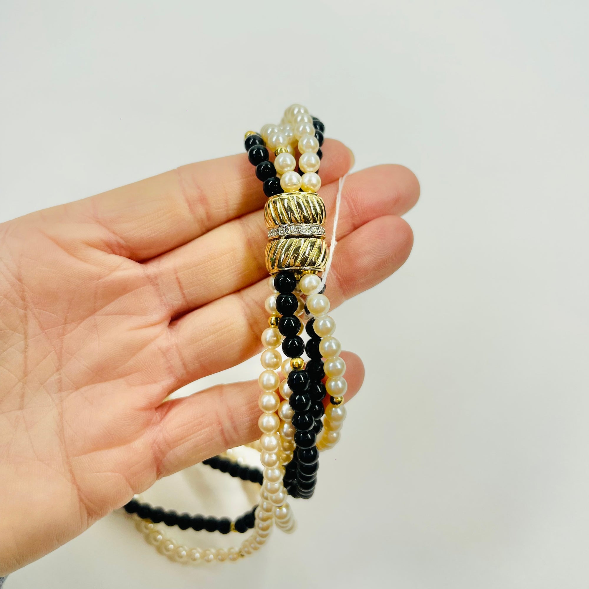 1950s GROSSE GERMANY COSTUME BRAIDED BLACK BEADS &amp; PEARL NECKLACE
