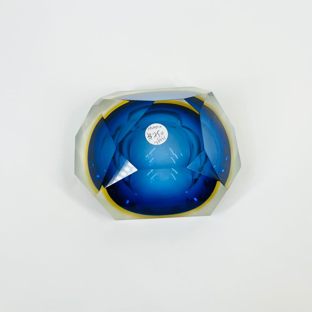 1950s MURANO MANDRUZZATO COBALT BLUE YELLOW SOMMERSO DIAMOND FACETED RECTANGULAR GLASS BOWL