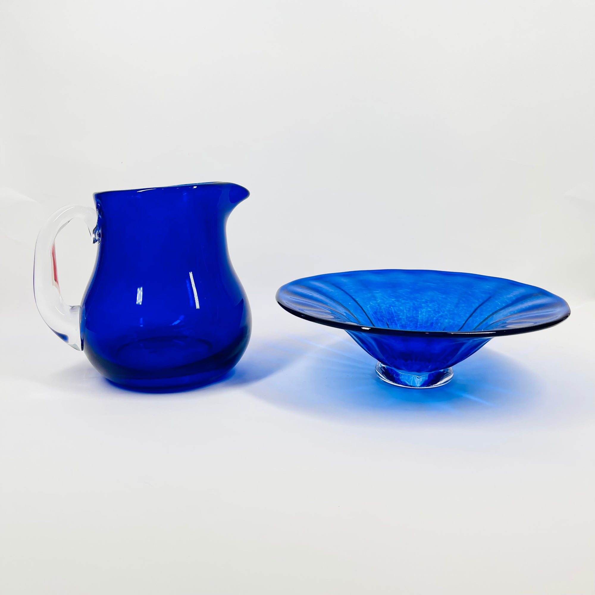 1980s MOUTH BLOWN COBALT BLUE SPATTER GLASS COMPORT/BOWL