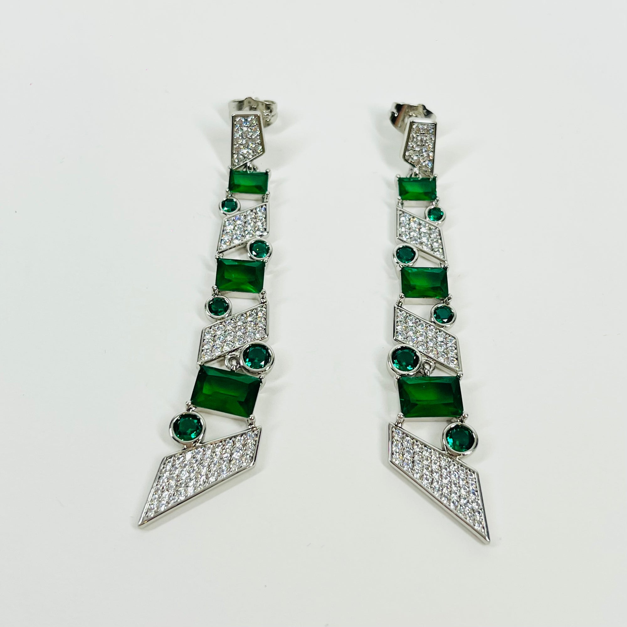 VINTAGE ART DECO STYLE GP COSTUME GREEN DIAMONTE DROP PIERCED EARRINGS