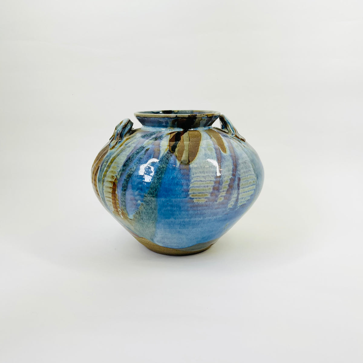 1980s AUSTRALIAN BLUE BROWN GLAZED POTTERY AMPHORA VASE