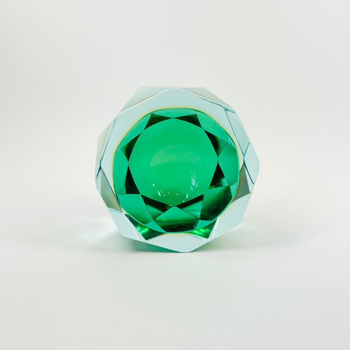 1940s GREEN BLUE GOLD AMBER MURANO MANDRUZZATO SOMMERSO DIAMOND FACETED GLASS BOWL/ASHTRAY